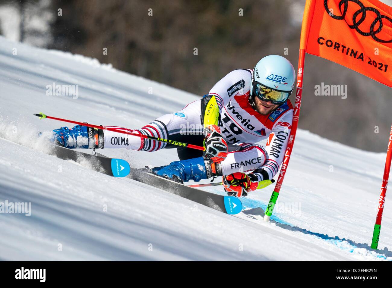 Cortina d'Ampezzo, Italien 19. Februar 2021: FAVROT Thibaut (FRAI) startet beim TELEPASS FIS ALPINE SKI WORLD CHAMPIONSHIPS 2021 Herren-Riesenslalom auf der Labirinti-Strecke im Dolomitgebirge. Quelle: MAURO DALLA POZZA/Alamy Live News Stockfoto