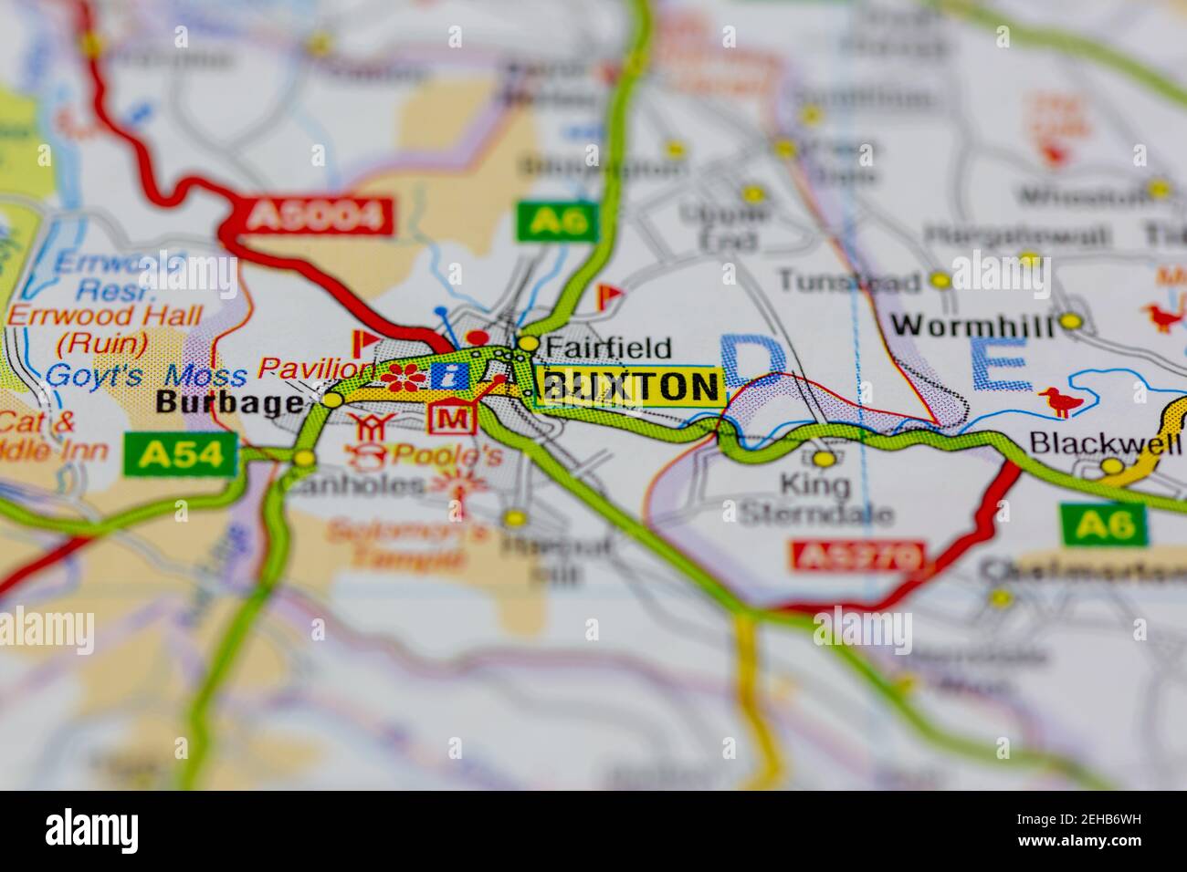 Buxton und Umgebung auf einer Straßenkarte oder dargestellt Geografische Karte Stockfoto