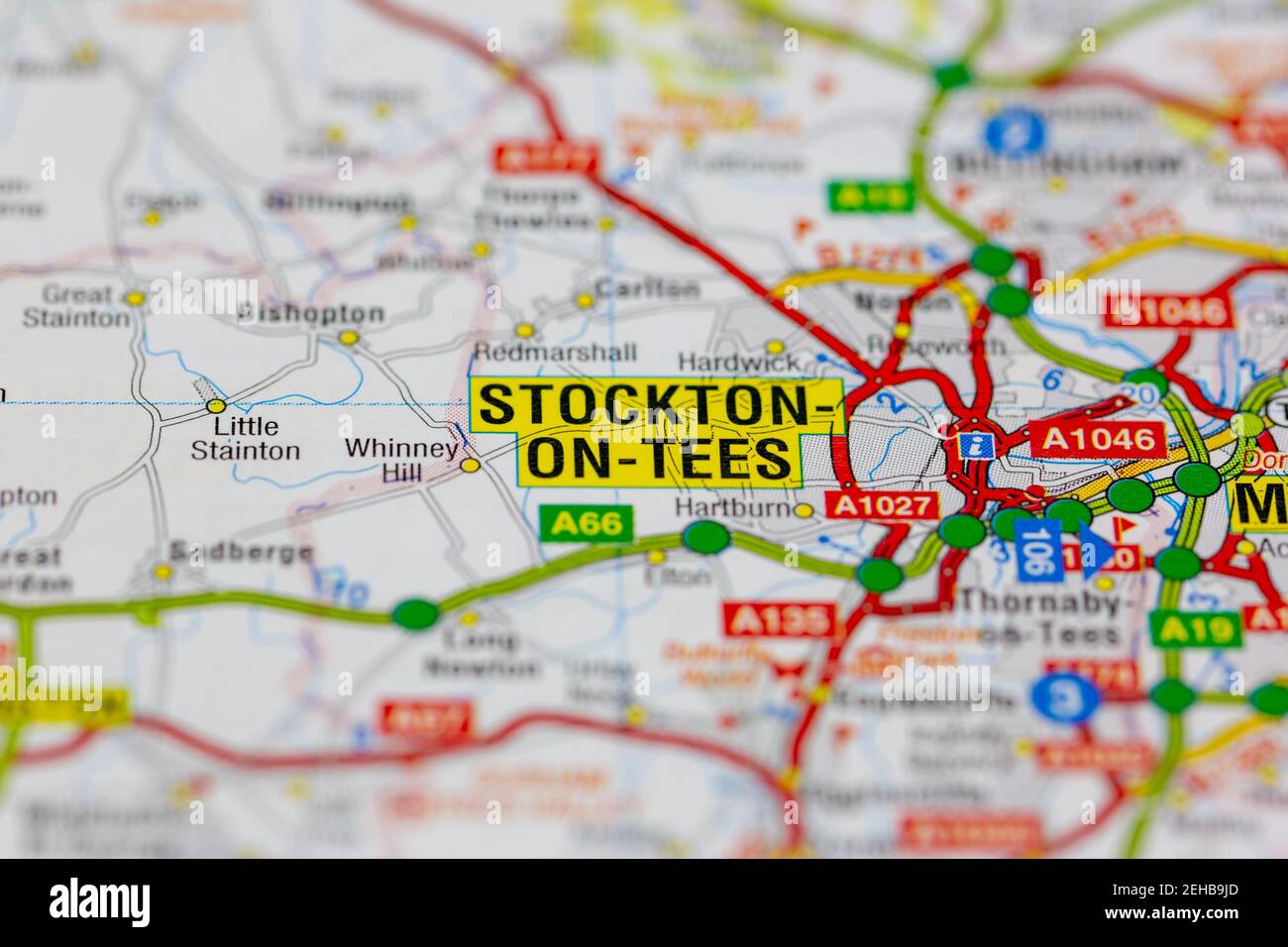 Stockton auf Abschläge und Umgebung auf einer Straße angezeigt Karte oder Geografie Stockfoto