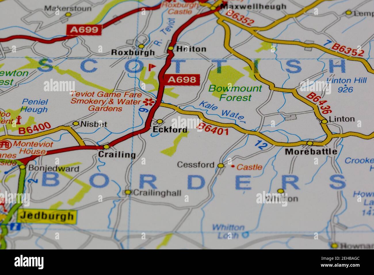 Die schottischen Grenzen und die umliegenden Gebiete werden auf einer Straße dargestellt Karte oder Geografie Stockfoto