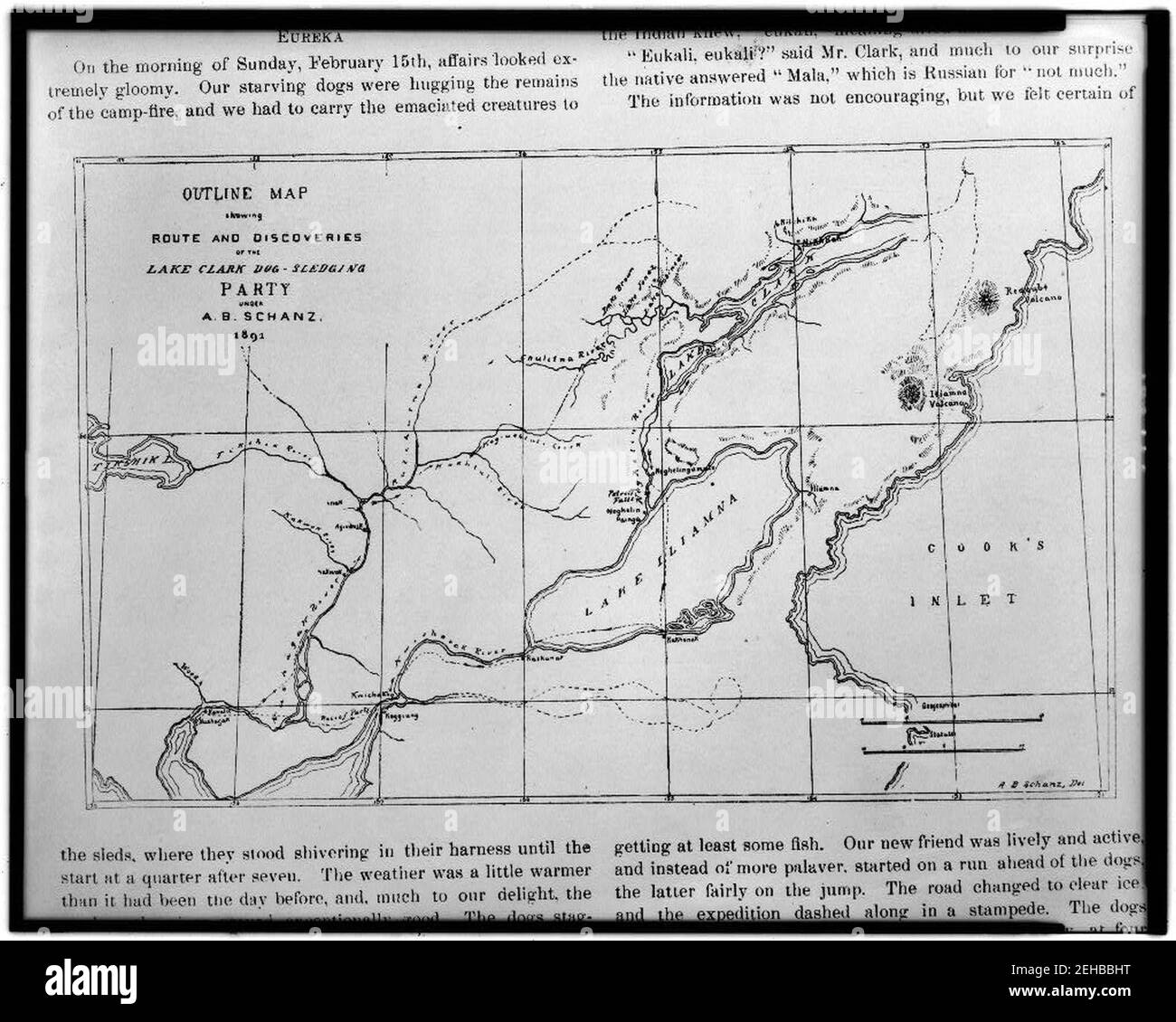 Übersichtskarte mit Route und Entdeckungen der Lake Clark Hundeschlittenparty unter A.B. Schanz, 1891 - A.B. Schanz, del. Stockfoto