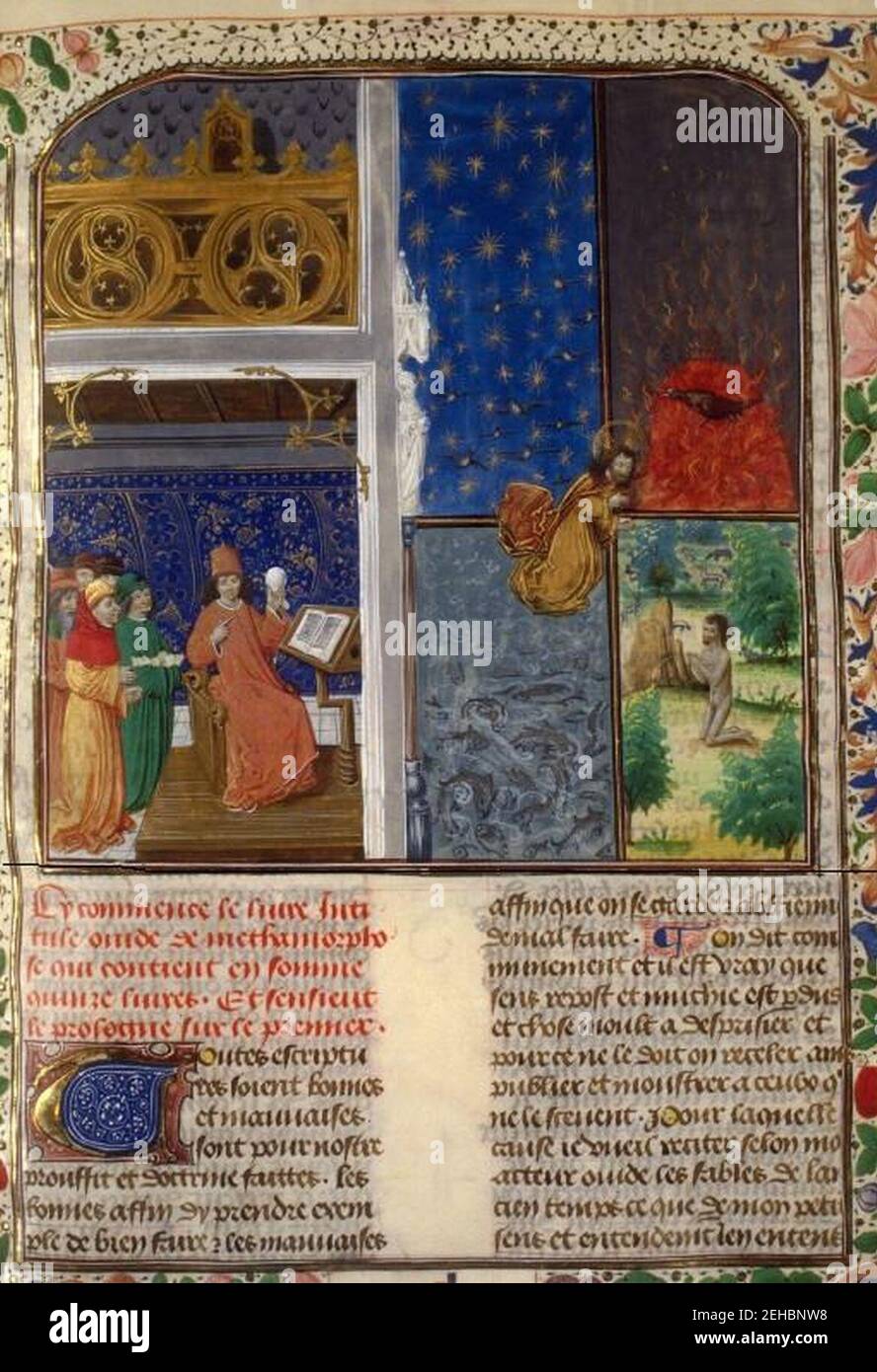 Ovide comparant l'univers à un œuf - (Enluminure pour les « Métamorphoses » d'Ovide, Belgique, Flandre, XVe siècle). Stockfoto