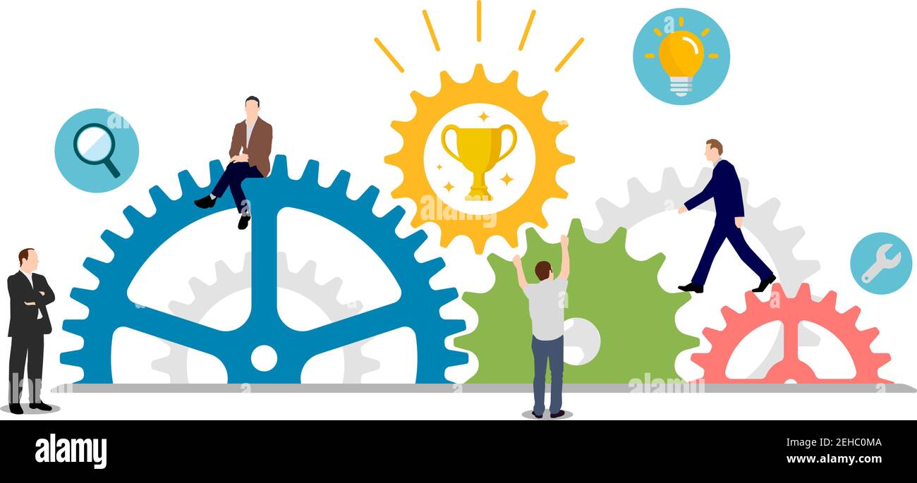 Business Success ( Trophäe ) Konzept Vektor Illustration. Zahnrad und Menschen. Stock Vektor