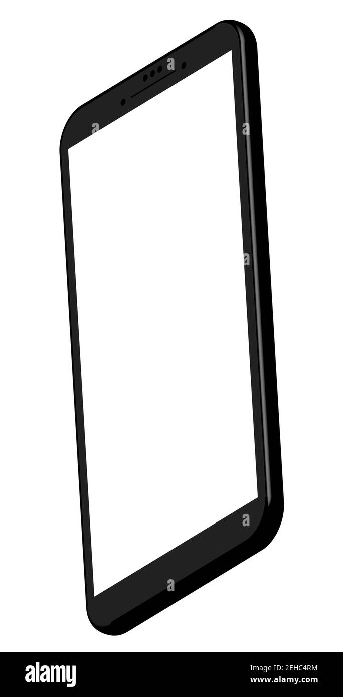 Smartphone-Mockup in vertikaler 3D-Projektion. Vorlage für UI-Design. Schwarz auf weißem Hintergrund, weißer Bildschirm. Stock Vektor