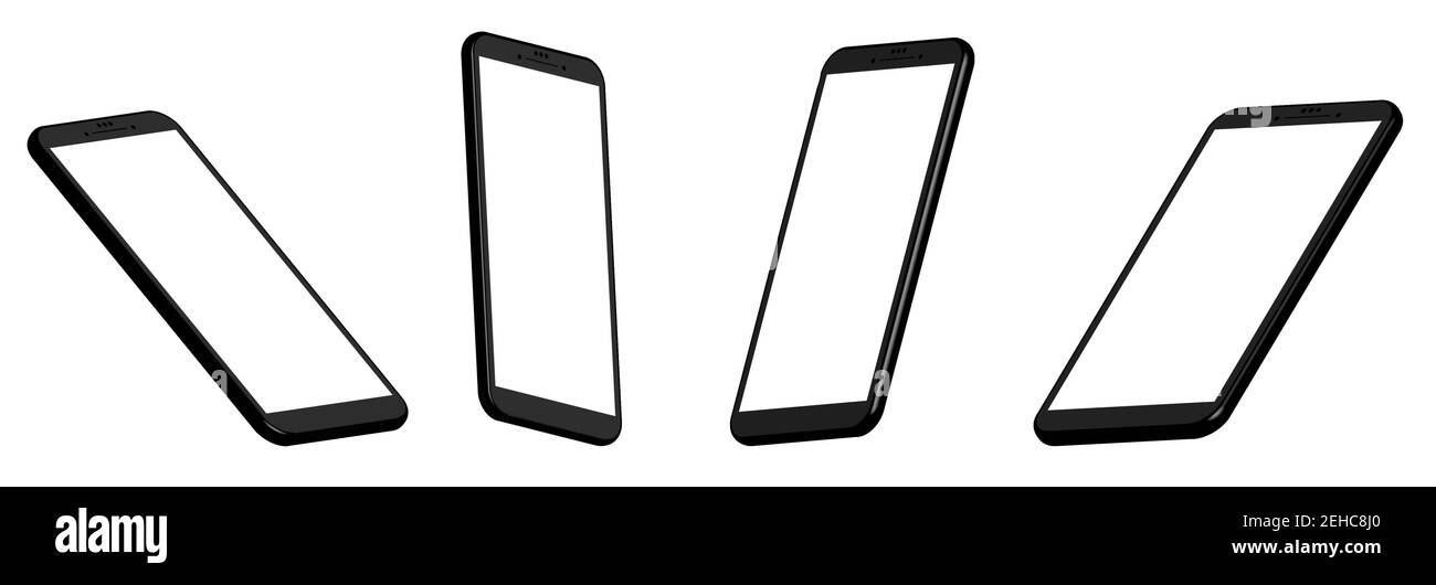 Vier Smartphone-Modelle. UI 3D-Designvorlage für Illustrationen. Unterschiedliche Projektionen. Schwarz auf weißem Hintergrund mit weißen Bildschirmen. Stock Vektor