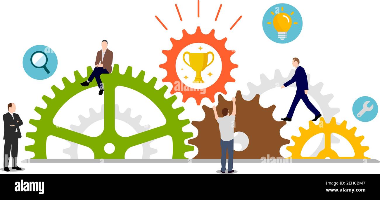 Business Success ( Trophäe ) Konzept Vektor Illustration. Zahnrad und Menschen. Stock Vektor