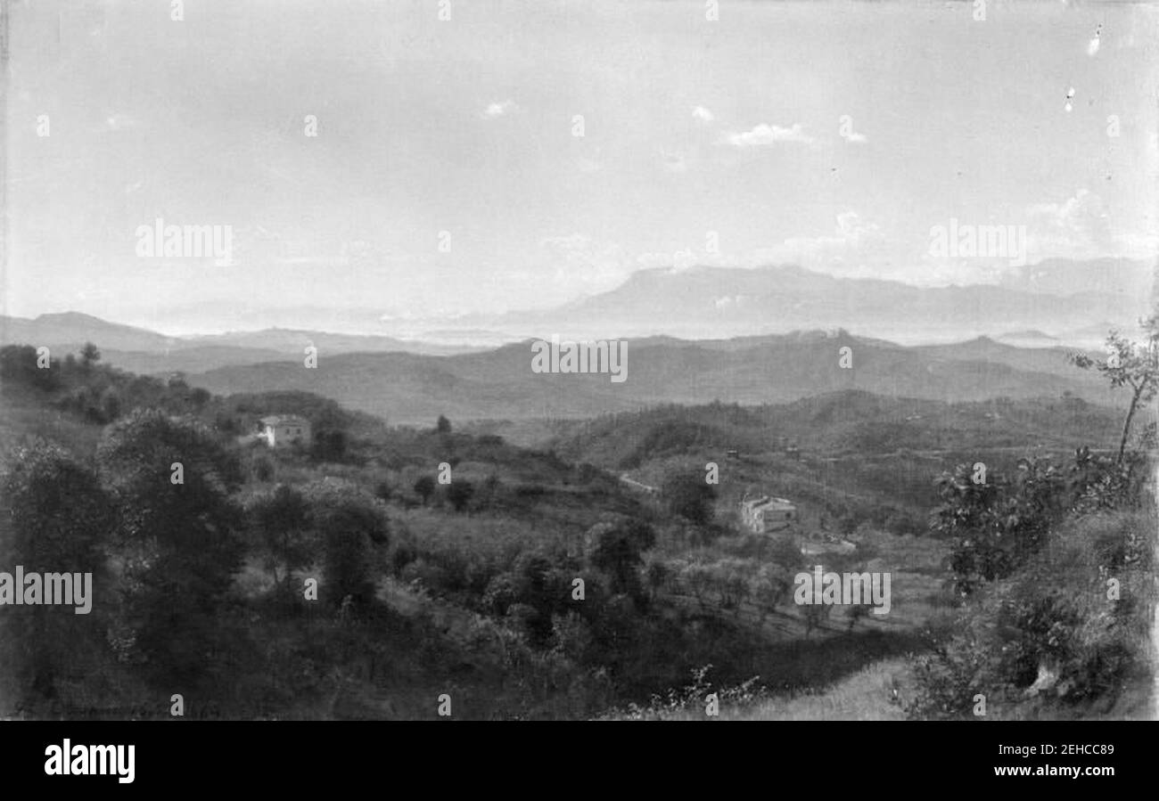 P.C. Skovgaard - udsigt über Sacco-dalen sydøst nach Olevano. I baggrunden Volsci-bjergene Stockfoto