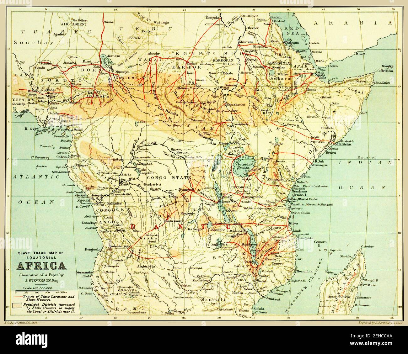 Originaltitel: "Sklavenhandelskarte des äquatorialen Afrikas." Zeigt Spuren von Sklavenkarawanen in Afrika südlich der Sahara. Karte ist von 1887. Sklavenhandelsrouten sind rot markiert. Hergestellt als Anti-Sklaverei-Dokument. Stockfoto