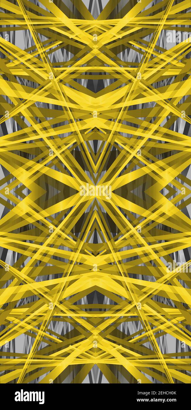 3D Darstellung eines Kaleidoskops, geometrisches Muster in leuchtendem Gelb und ultimativem Grau, die Pantone 2021 Farben des Jahres, für abstrakt oder Fu Stockfoto