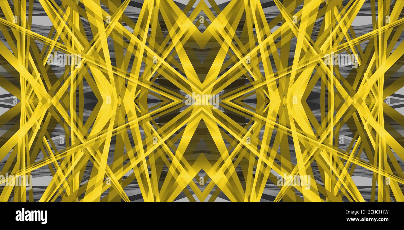 3D Darstellung eines Kaleidoskops, geometrisches Muster in leuchtendem Gelb und ultimativem Grau, die Pantone 2021 Farben des Jahres, für abstrakt oder Fu Stockfoto