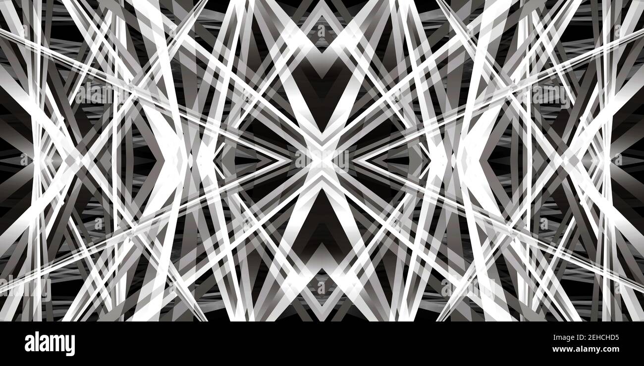 3D Darstellung eines Kaleidoskop-geometrischen Musters in schwarz-weiß, für abstrakte oder futuristische Hintergründe oder Alphakanäle. Stockfoto