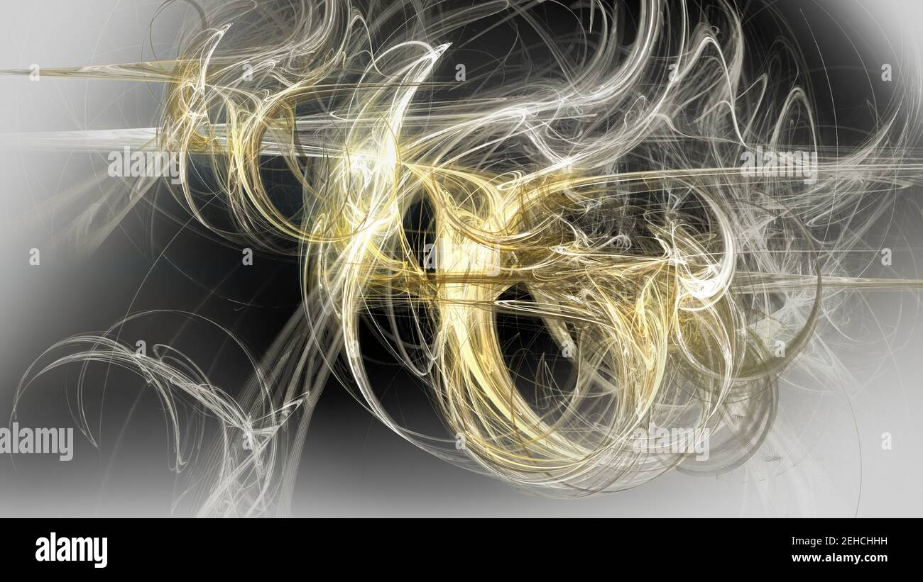 3D Illustration eines geometrischen fraktalen Musters in leuchtendem Gelb und ultimativem Grau, die Pantone 2021 Farben des Jahres, für futuristisch, surreal, Stockfoto