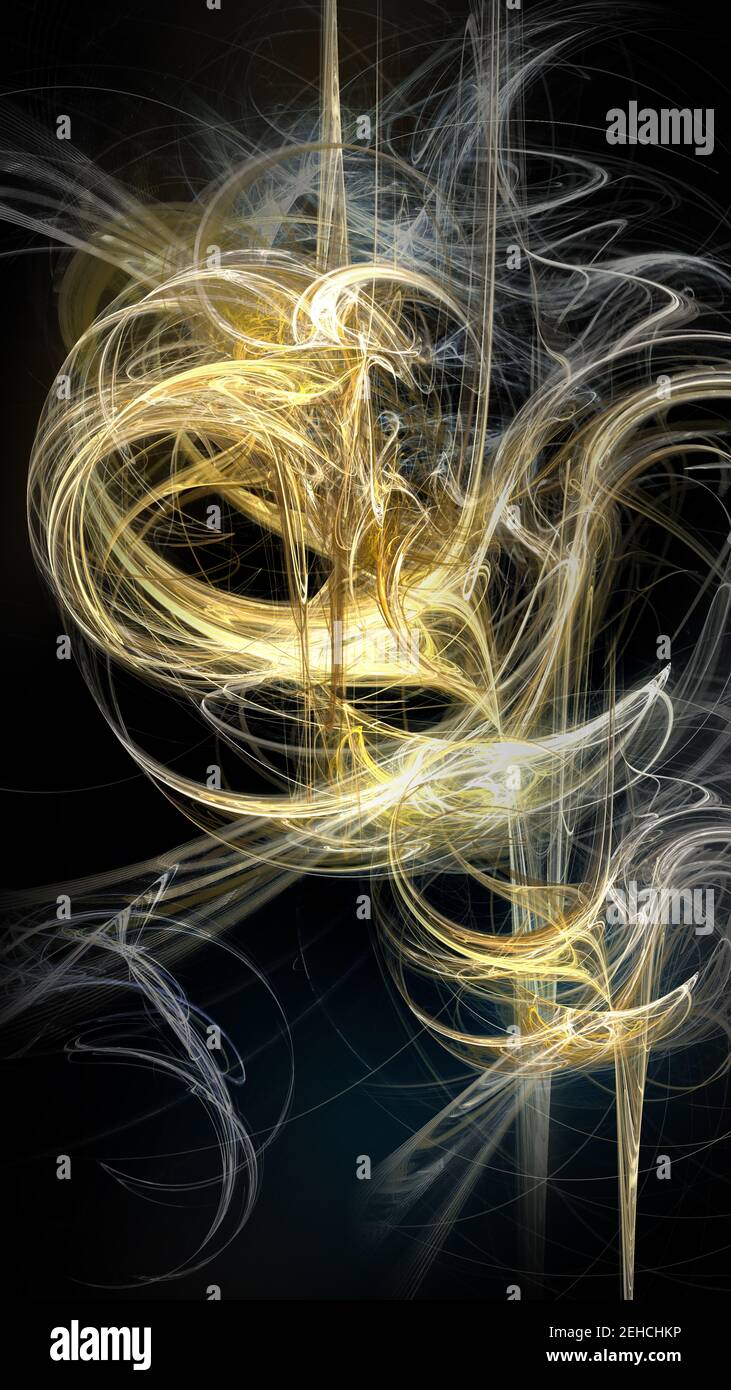 3D Illustration eines geometrischen fraktalen Flammenmusters in gelb, grau die Pantone 2021 Farben des Jahres, für futuristische, surreale und abstrakte Backgr Stockfoto