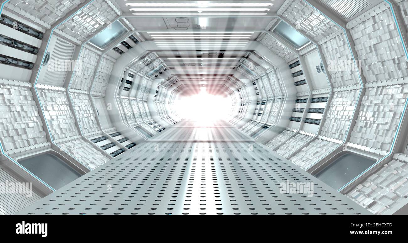 Vorderansicht des Innenraums des langen beleuchteten Korridors mit Würfel strukturierten Wänden des Raumschiffs mit weißem Licht am Ende des Tunnels. 3D Abbildung Stockfoto
