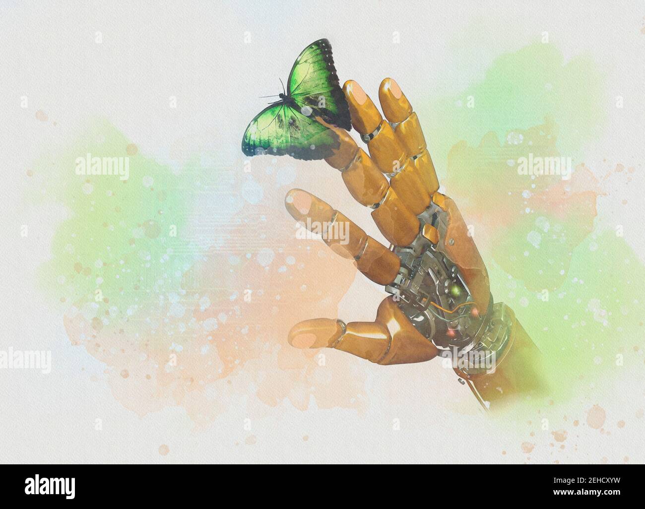 Roboterhand mit Schmetterling, Illustration Stockfoto