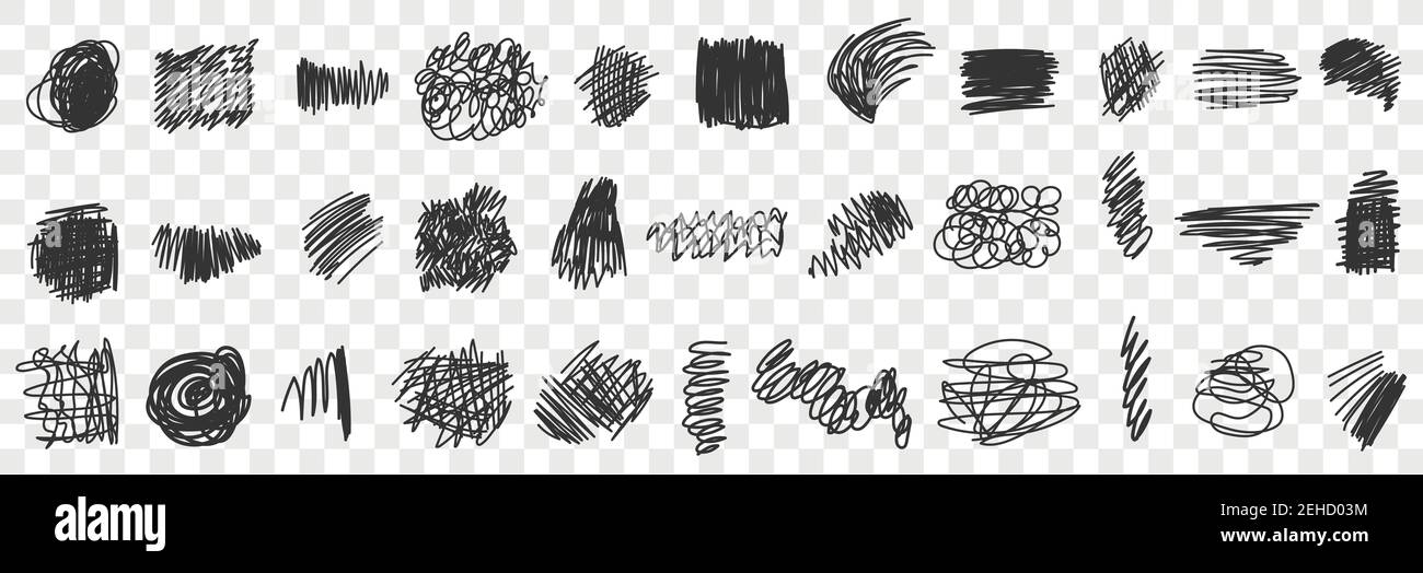 Geschrieben mit Stift oder Bleistift Scribbles Zeichnungen Doodle Set. Sammlung von handgezeichneten Scribbles von verschiedenen Mustern geraden Linien geometrischen Formen isoliert auf transparentem Hintergrund Stock Vektor