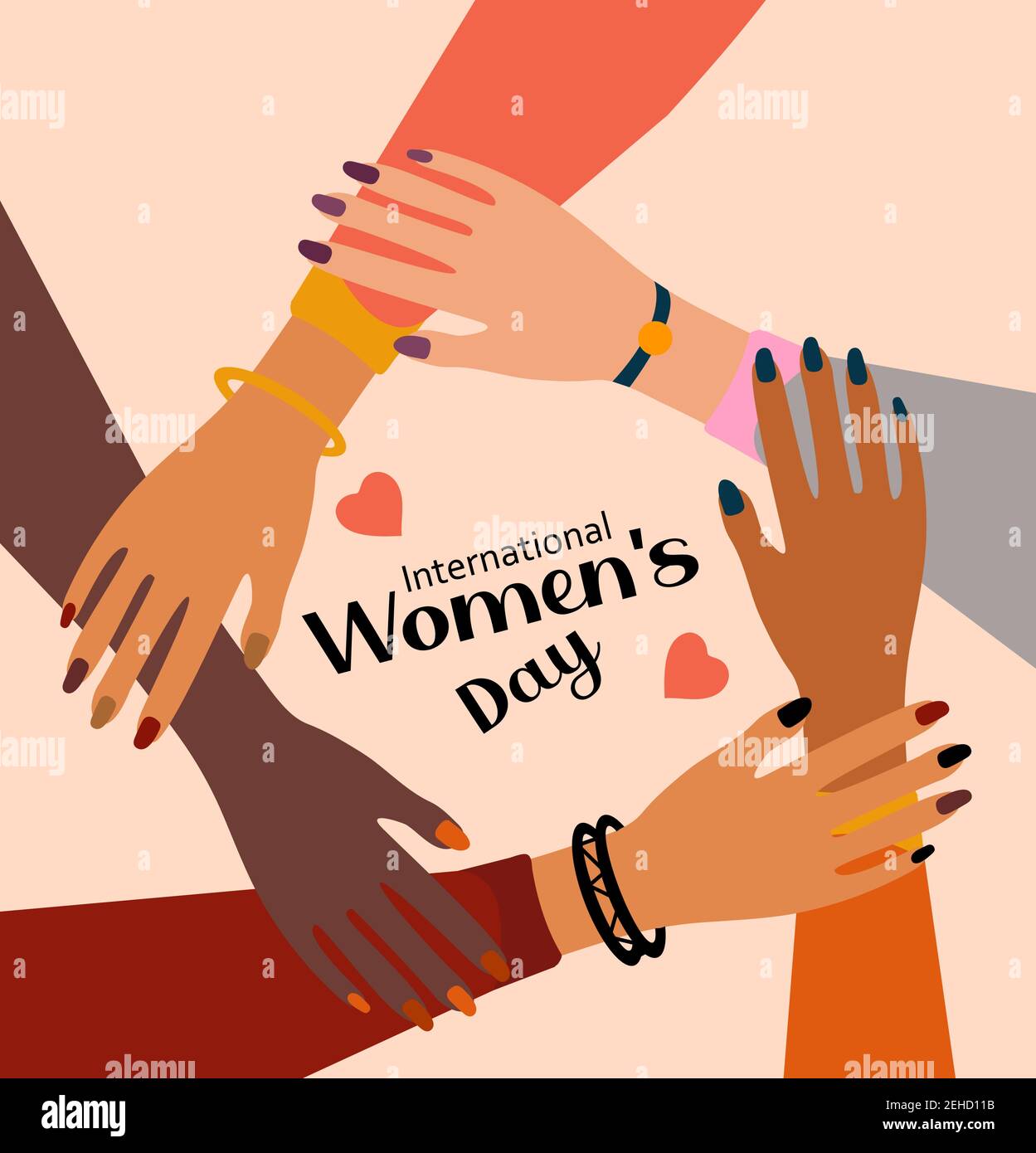 Internationaler Frauentag 8. März. Feminismus weibliche Hände zusammen Grußkarte. Power für Mädchen. Kampf für Freiheit, Unabhängigkeit, Gleichheit. Vektor Stock Vektor