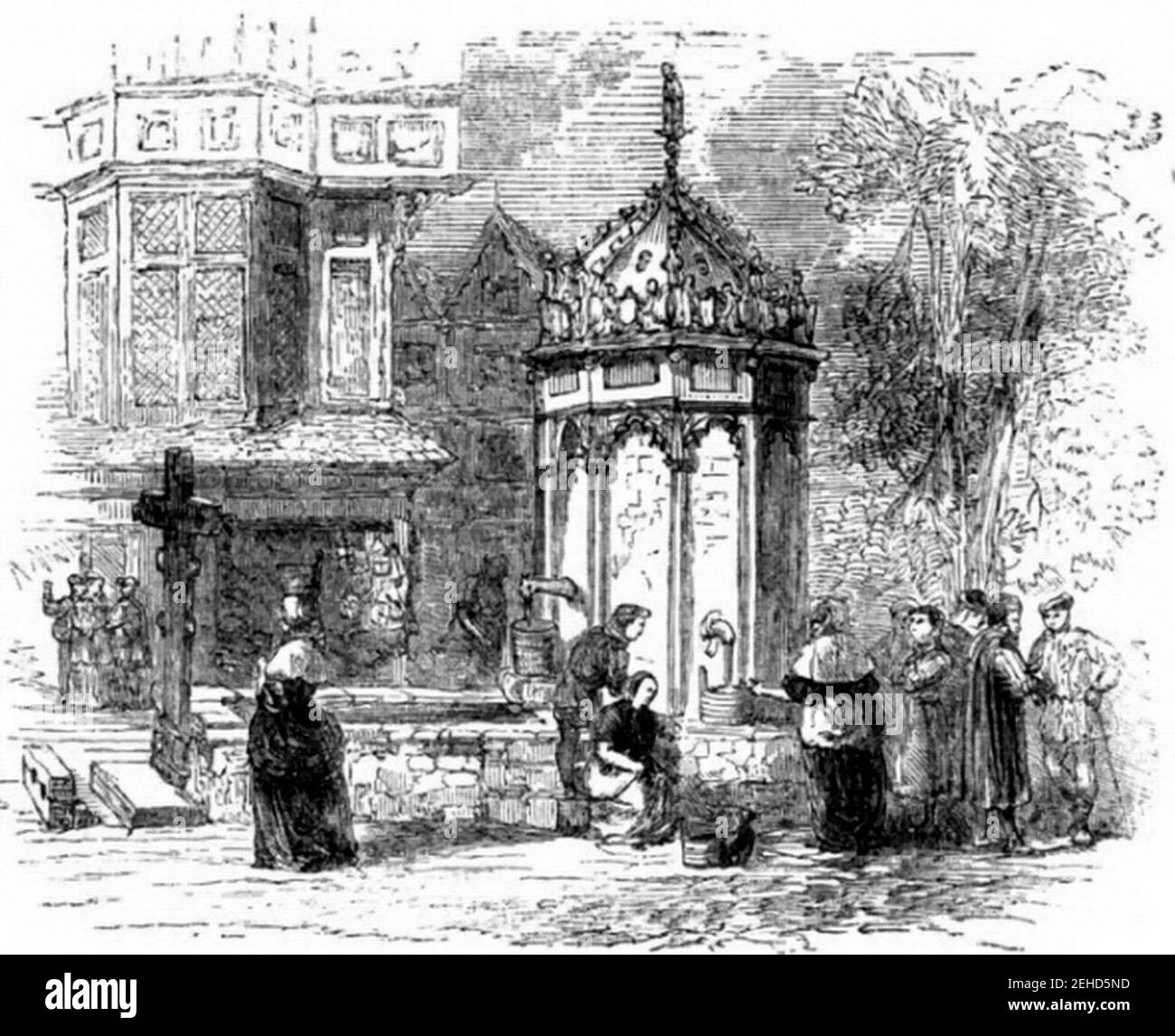 P288 Conduit in London Streets, with Stocks, Pillory, and Whipping Post. Stockfoto