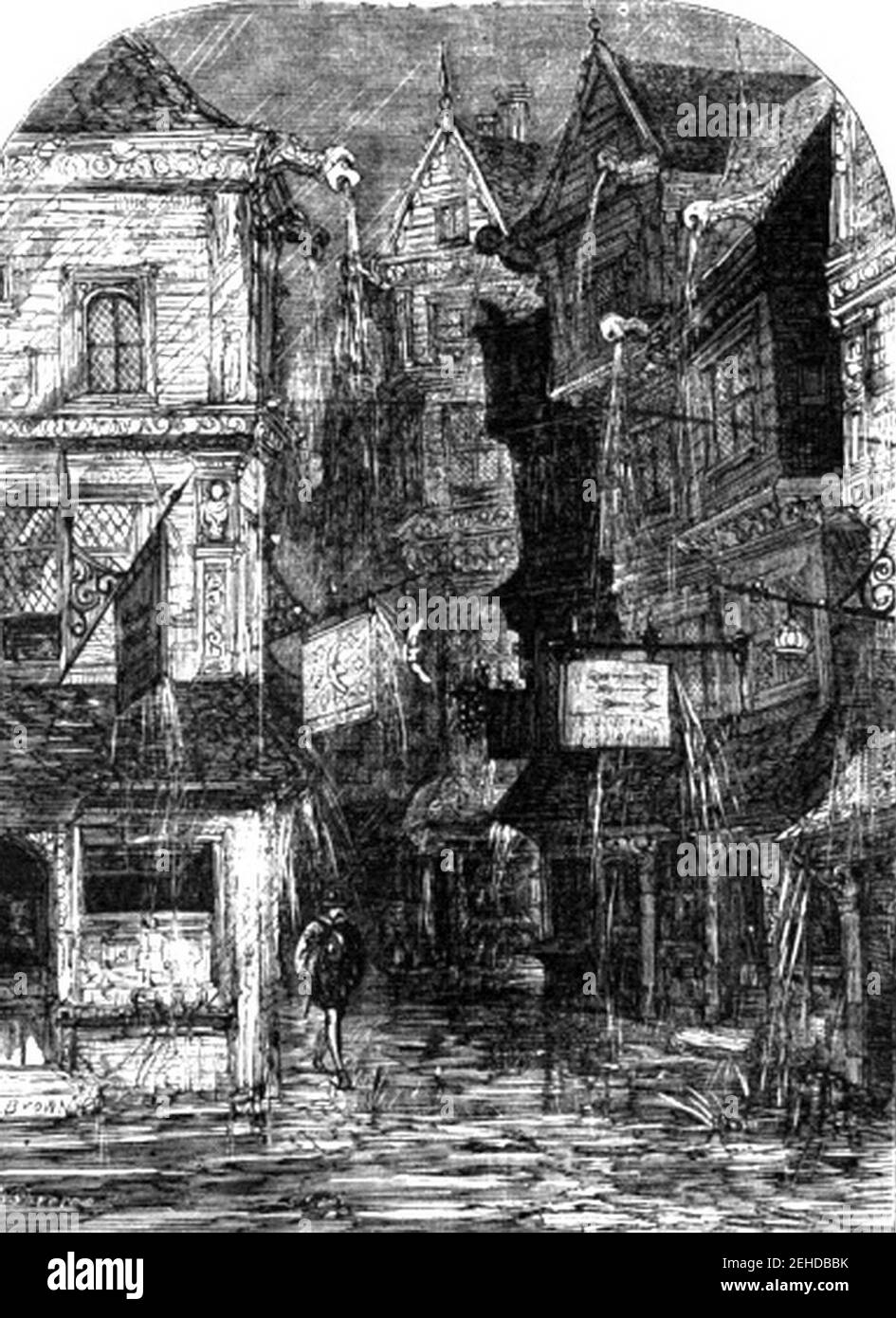 P469 London Street an einem regnerischen Tag in den Tagen von Queen Elizabeth. Stockfoto