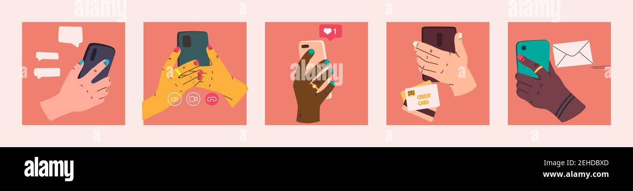 Smartphone in der Hand. Satz von Vektor-Konzept-Symbole für soziale Netzwerke und Kommunikation. Verschiedene Hände halten Smartphones. Videoanruf, Text-Chat Stock Vektor