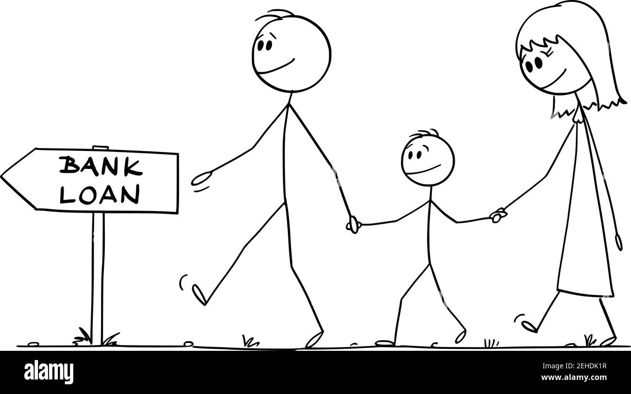 Glücklich lächelnde Familie von Mann, Frau und Kind ist zu Fuß für Bankkredit, Finanzkonzept, Vektor-Cartoon-Stick Figur oder Figur Illustration. Stock Vektor