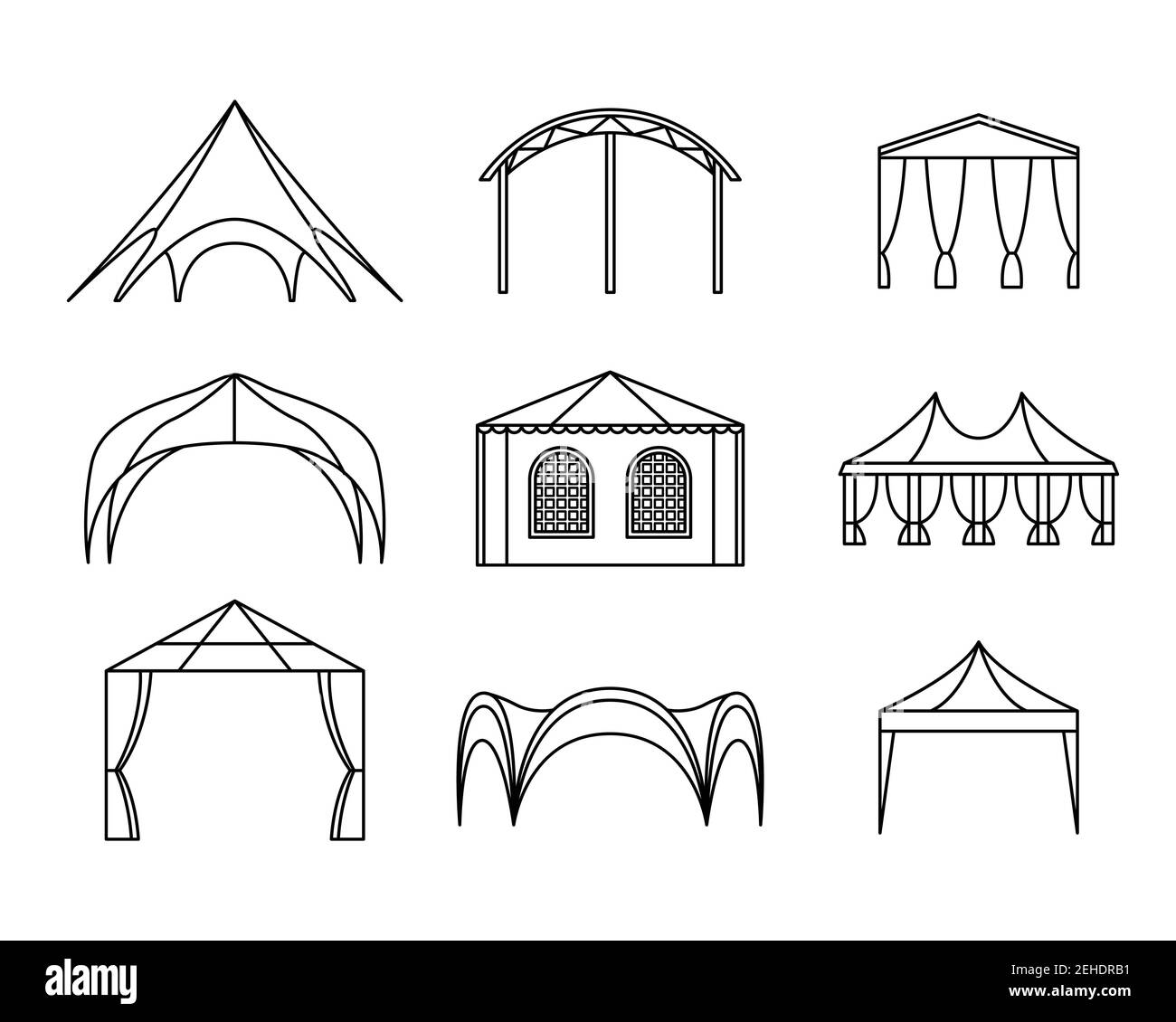 Vektor-Set von Event Zelt Illustrationen. Linienkunst Stock Vektor