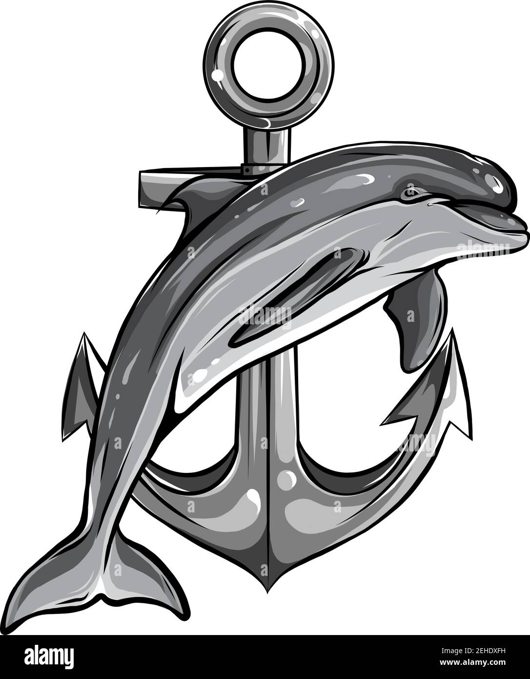 Delfin um einen Anker mit einem Seil, ein altes Symbol des Meeres, Vektor Stock Vektor