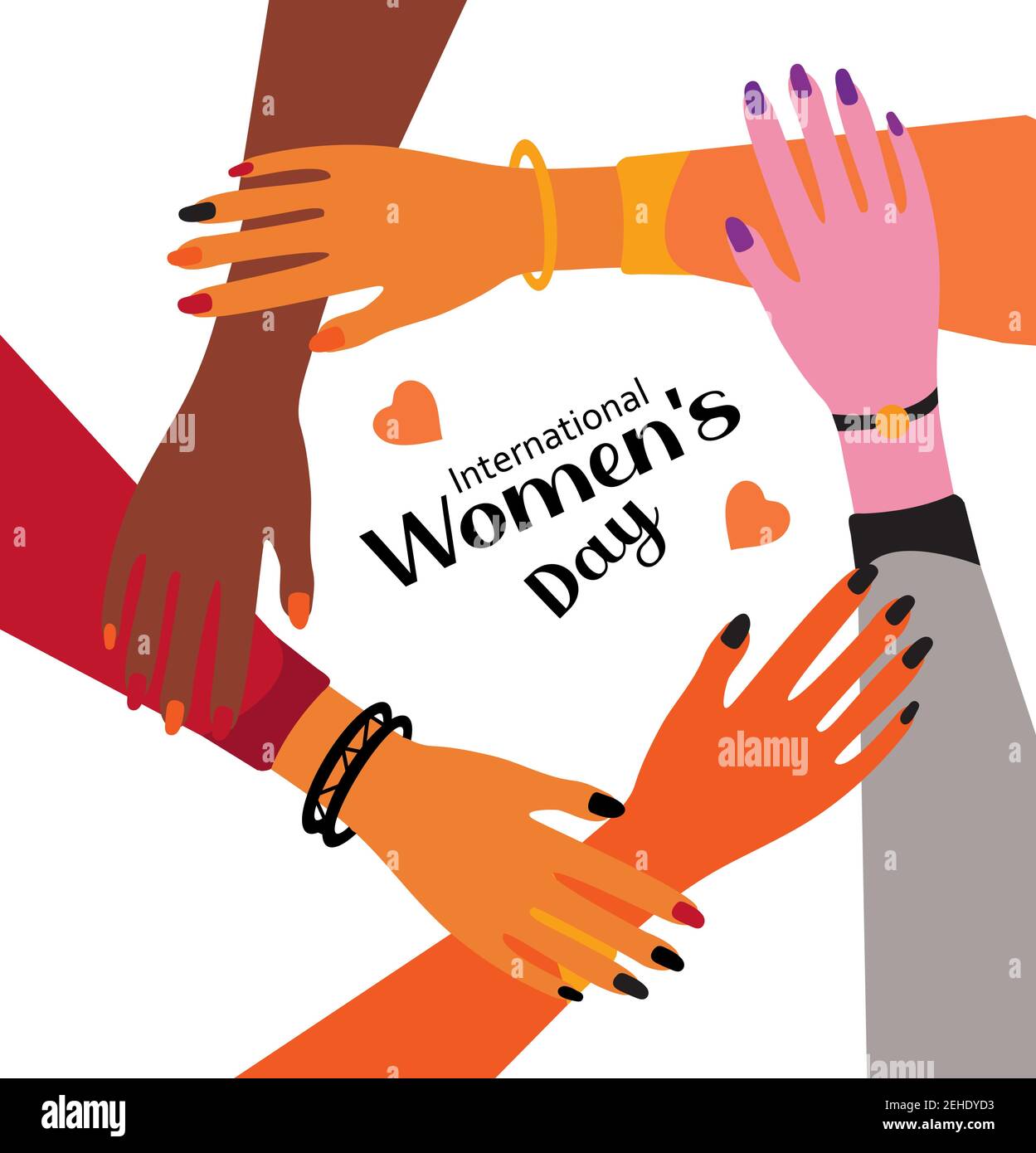 Internationaler Frauentag 8. März. Feminismus weibliche Hände zusammen Grußkarte. Power für Mädchen. Kampf für Freiheit, Unabhängigkeit, Gleichheit. Vektor Stock Vektor