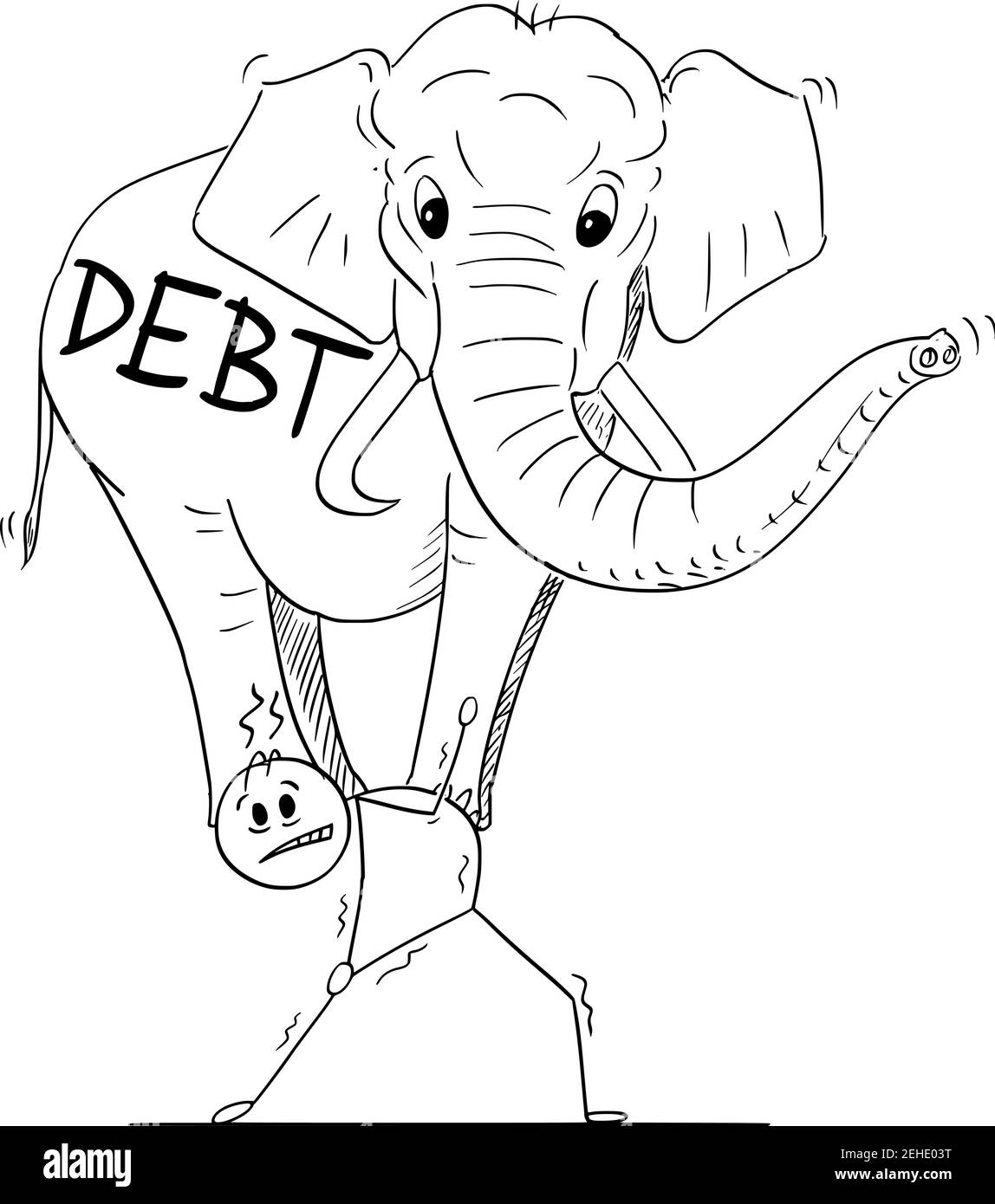 Geschäftsmann oder Mann mit schweren Elefanten auf dem Rücken, Belastung durch Schulden, Vektor-Cartoon-Stick Figur oder Figur Illustration. Stock Vektor
