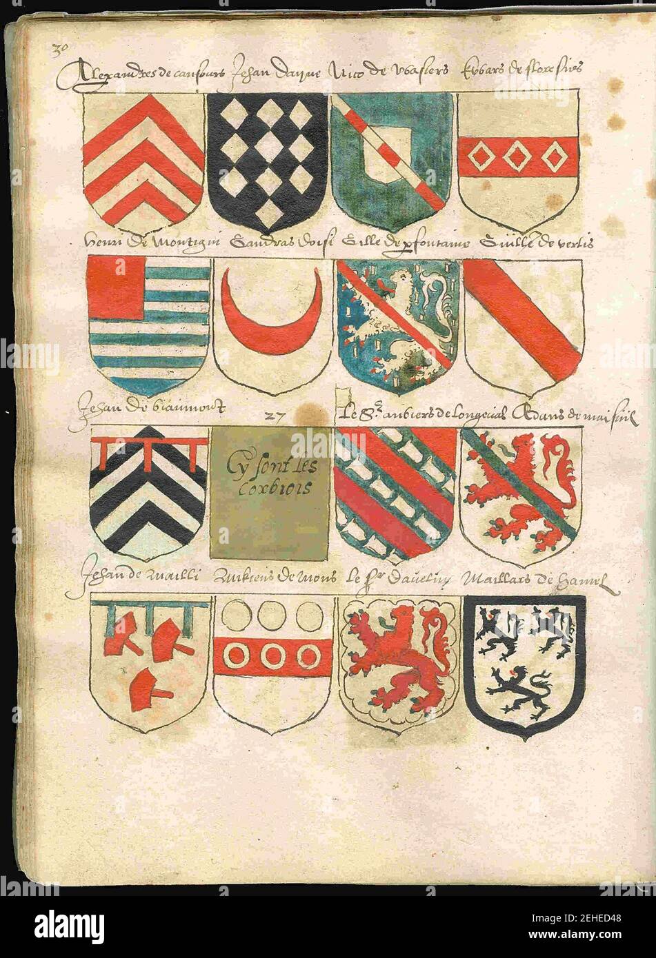 Seite 30 aus einer Abschrift von Wappenboek Beyeren (Wapenkeller) aus ca. 1600. Stockfoto