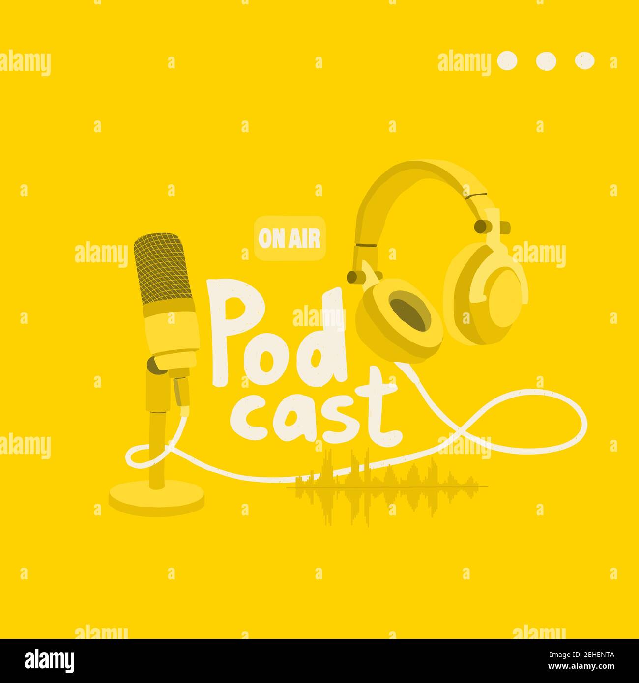 Cover für einen Podcast Blog. Studiomikrofon, Stereokopfhörer und Tonspur auf gelbem Hintergrund. EPS 10 Stock Vektor