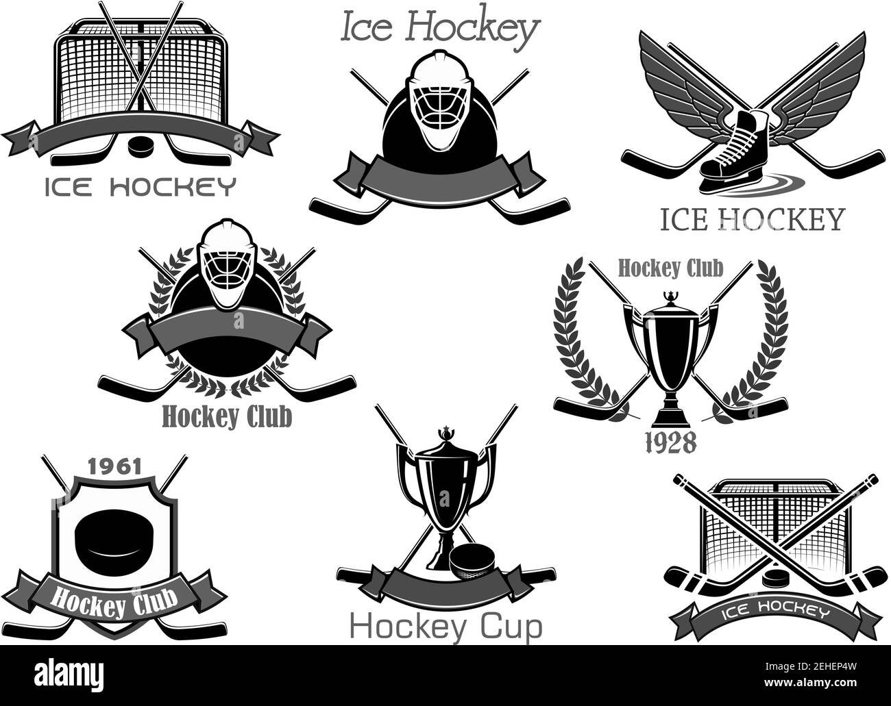 Eishockey-Club Vektor-Symbole für Sportturnier Cup Award-Symbole. Championship Abzeichen Set von Hockey Puck, Hockey-Stick und Torwartmaske mit vi Stock Vektor