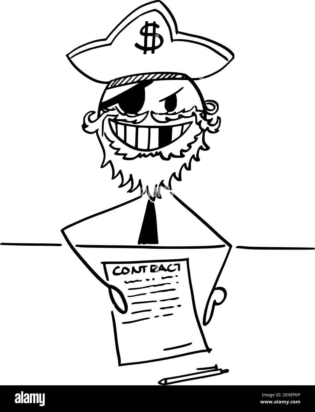 Pirate Geschäftsmann mit Vertrag oder Vereinbarung zu unterzeichnen, Vektor Cartoon Stick Figur oder Figur Illustration. Stock Vektor