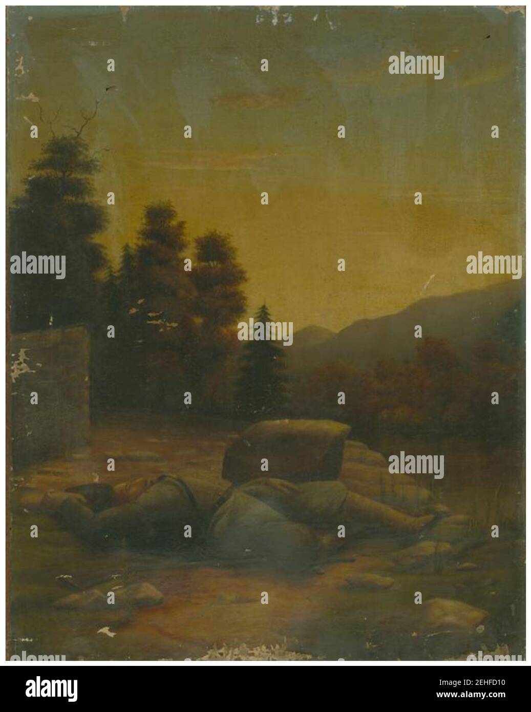 Gemälde eines konföderierten Soldaten, der tot auf dem Boden liegt, mit dem rechten Arm über dem Kopf und einem Gewehr mit Bajonett neben seinem Körper. Stockfoto