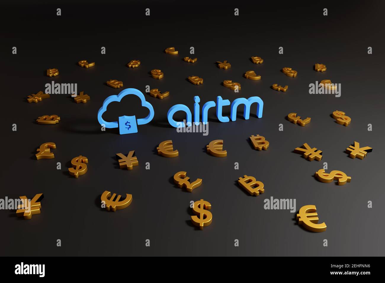 Buenos Aires, Argentinien - 19. Februar 2021: AIRTM-Logo umgab viele Münzsymbole auf schwarzem Hintergrund. Stockfoto