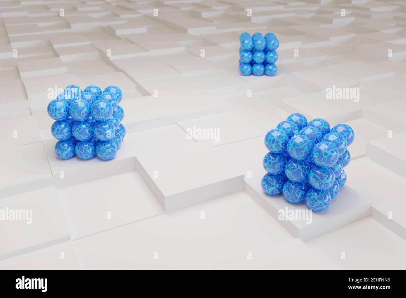 Blaue Kugeln auf weißen Würfeln. Abstraktes Design. 3D Abbildung. Stockfoto