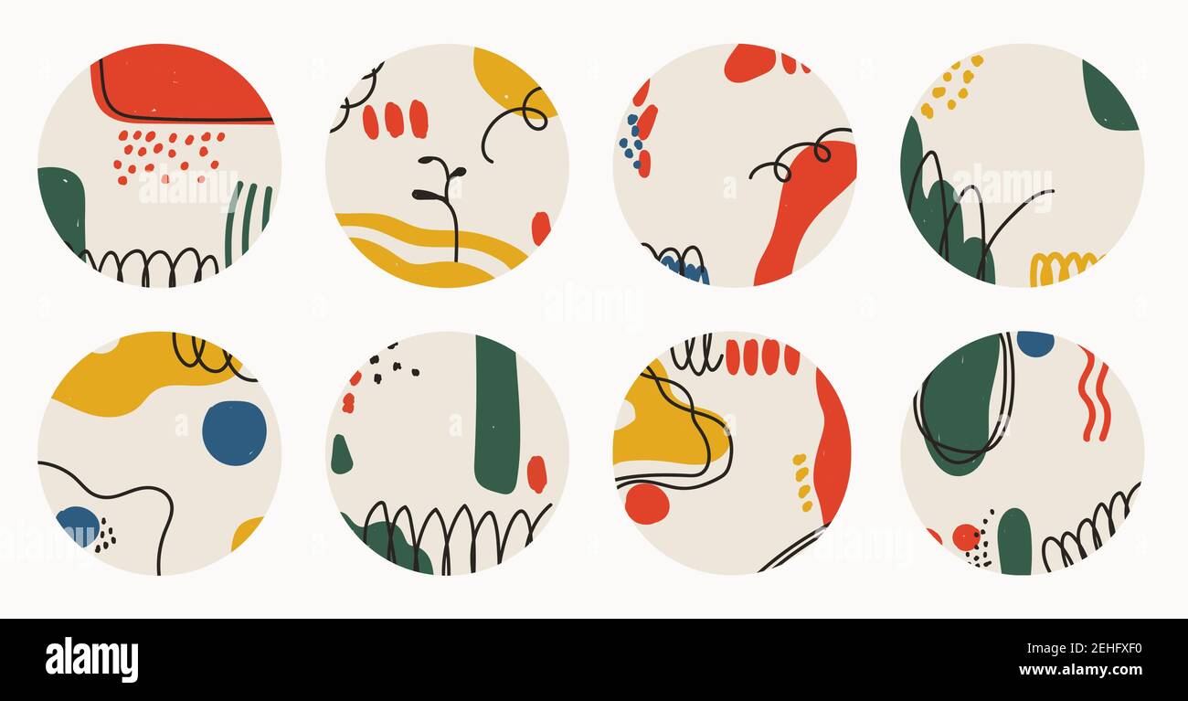 Satz abstrakter, runder Vektorhintergründe. Geschichten aus sozialen Medien. Moderne trendige Illustrationen im Doodle-Stil. Mehrfarbige handgezeichnete Flecken und Stock Vektor