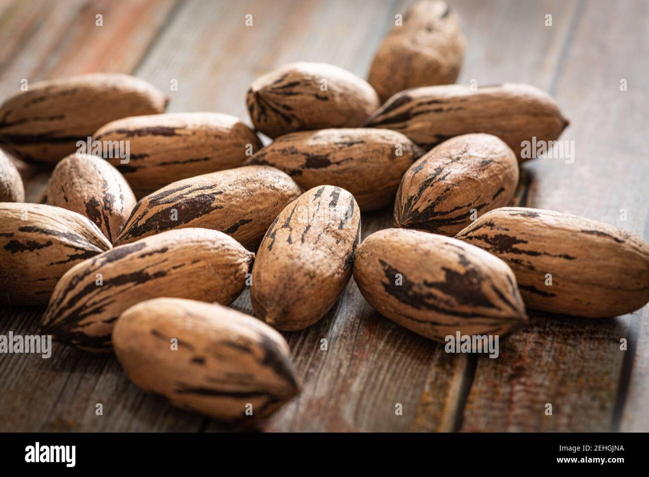 Eine Makroaufnahme mit selektivem Fokus auf eine Handvoll Pekannüsse in Schalen auf einem Holztisch. Stockfoto