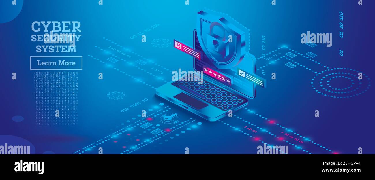 Neon Cyber Security Konzept. Isometrische Darstellung in blauer Farbe. Datenschutzkonzept. Vektorgrafik. Laptop mit Shield. Stock Vektor