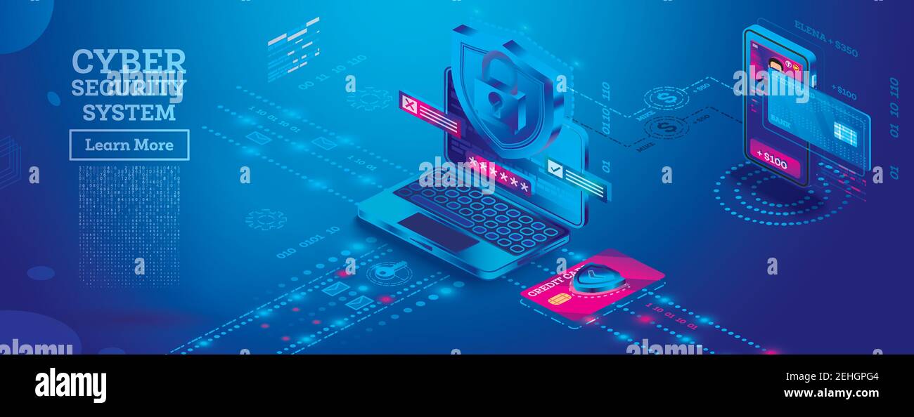 Cyber-Sicherheitskonzept. Schlosssymbol. Isometrischer Laptop, Kreditkarte und Smartphone mit Shield. Datenschutzkonzept. Vektorgrafik. Stock Vektor