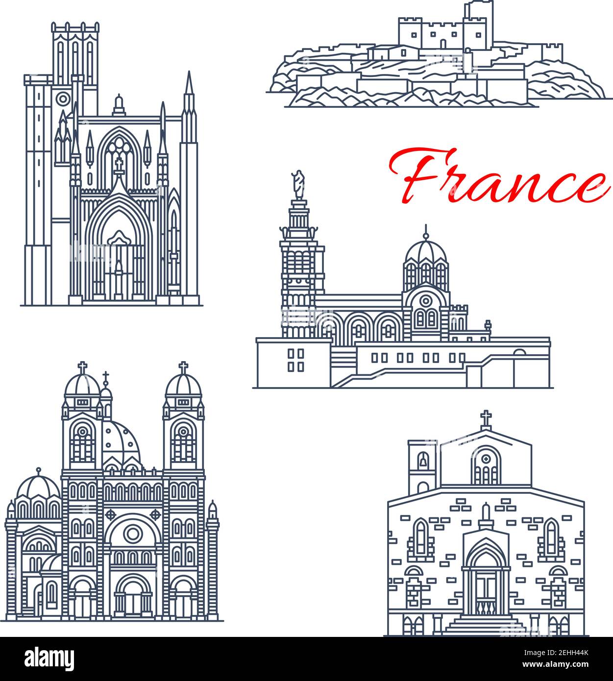 Französische Architekturdenkmäler und berühmte historische Gebäude in Marseille mit dünnen Linien. Vector Fassaden Wenn Chateau Burg Fort, Notre Dame de Garde und Stock Vektor