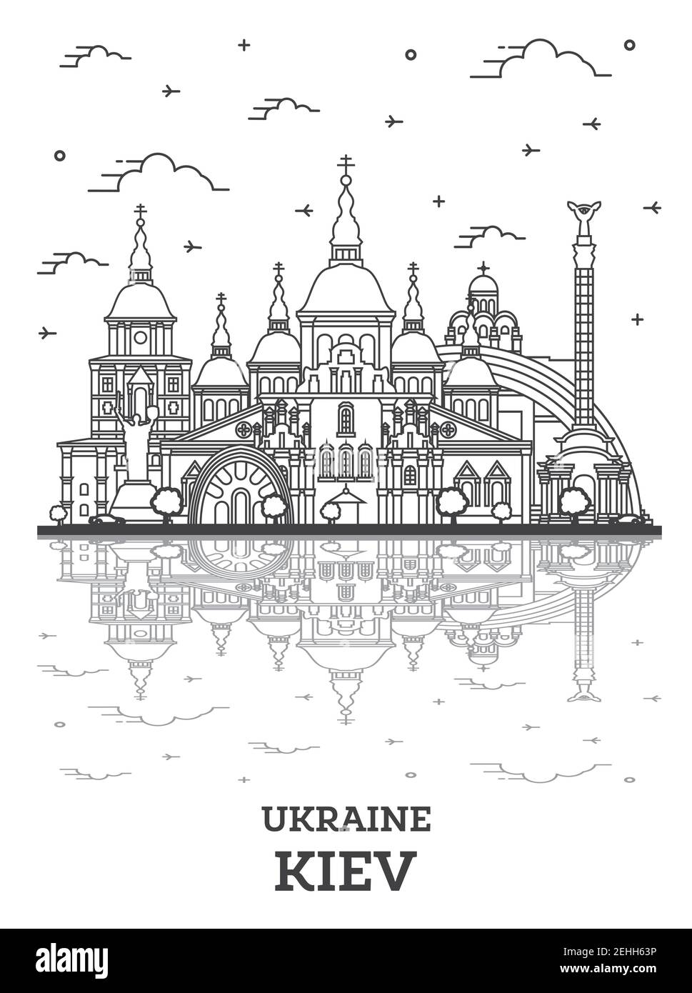 Skizzieren Kiew Ukraine City Skyline mit historischen Gebäuden und Reflexionen isoliert auf Weiß. Vektorgrafik. Kiewer Stadtbild mit Wahrzeichen. Stock Vektor