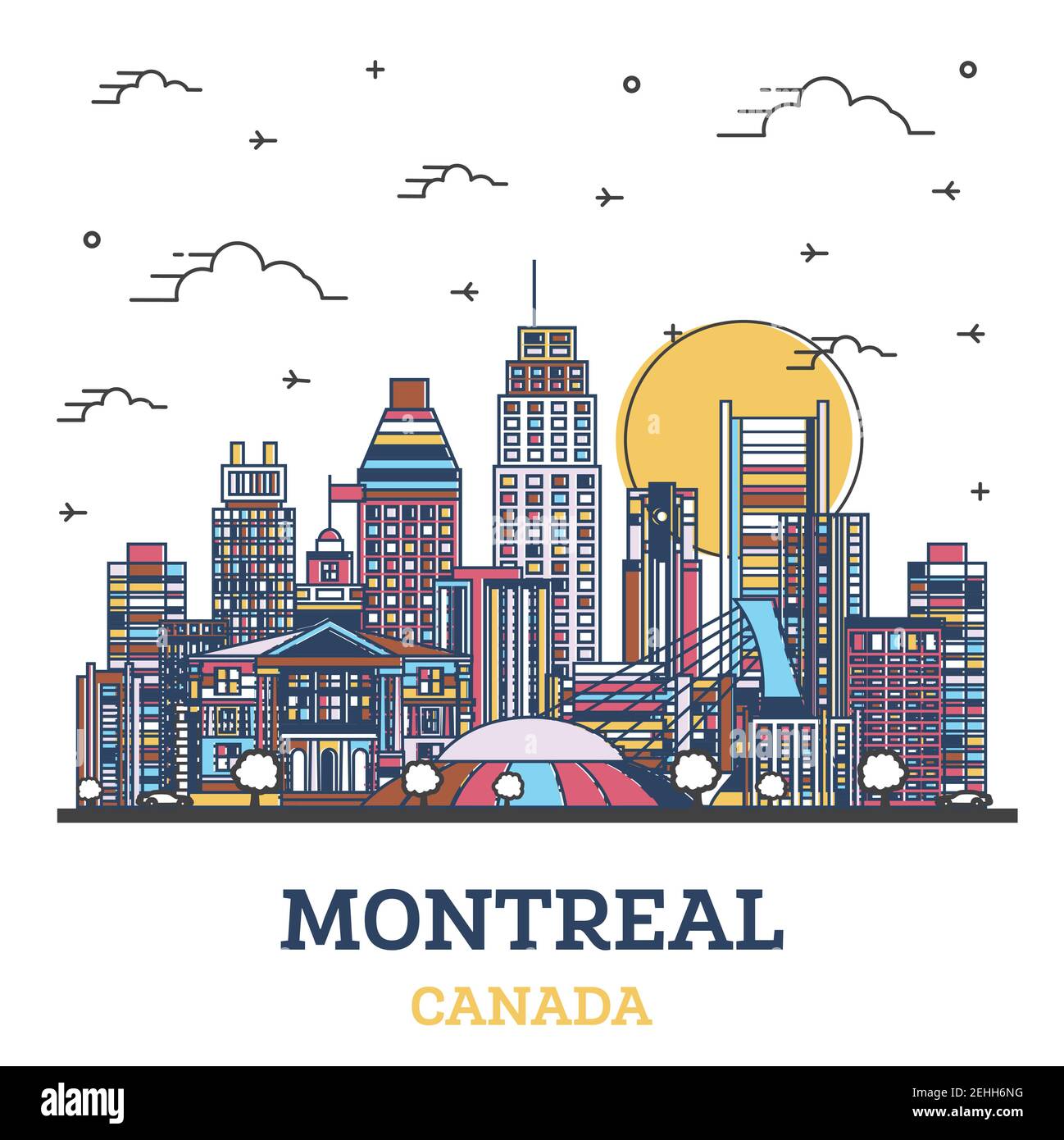 Umriss Montreal Canada City Skyline mit farbigen modernen Gebäuden isoliert auf Weiß. Vektorgrafik. Stadtbild von Montreal mit Wahrzeichen. Stock Vektor