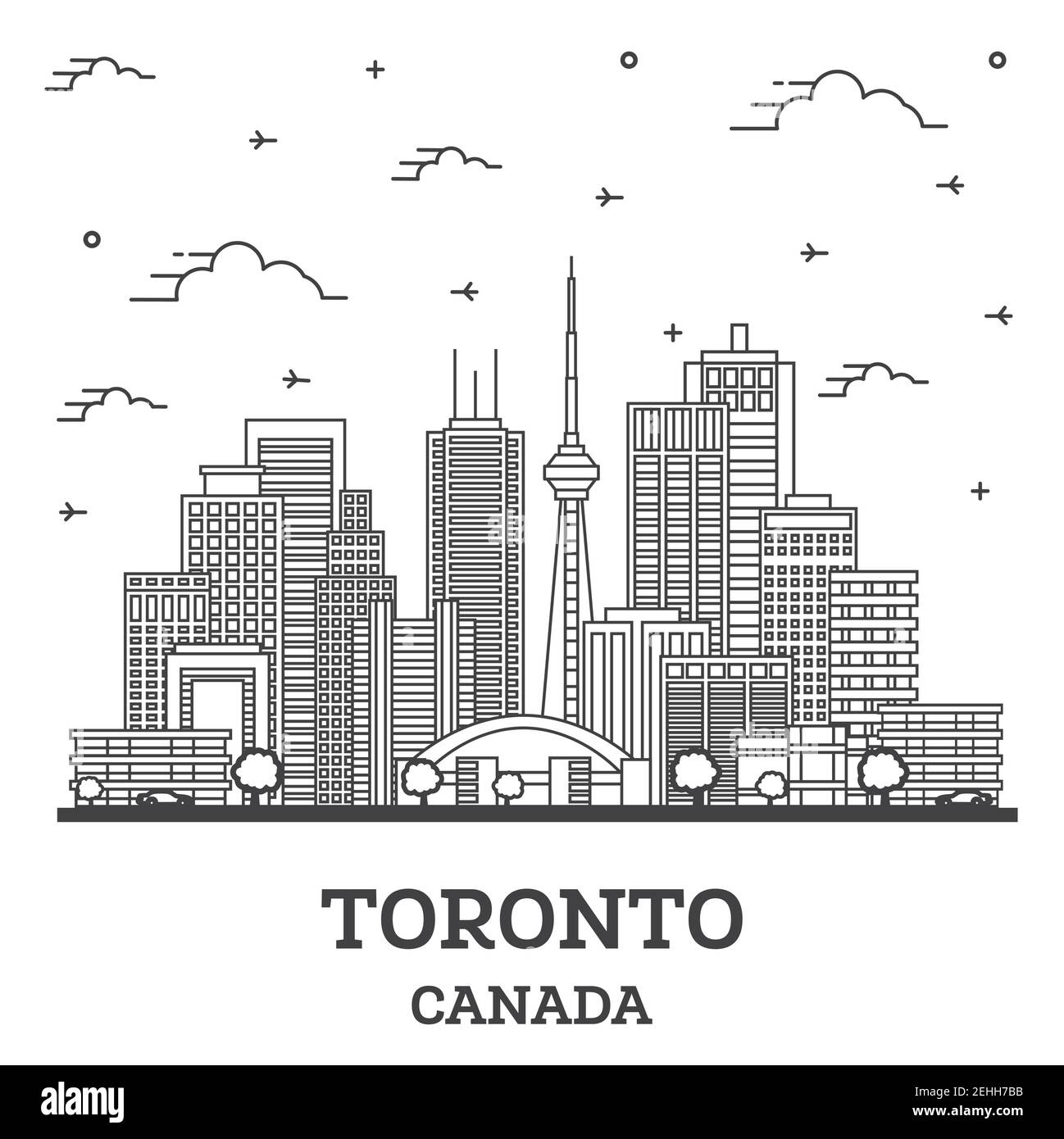 Umrisse Toronto Kanada Skyline der Stadt mit modernen Gebäuden isoliert auf Weiss. Vector Illustration. Toronto Stadtbild mit Sehenswürdigkeiten. Stock Vektor