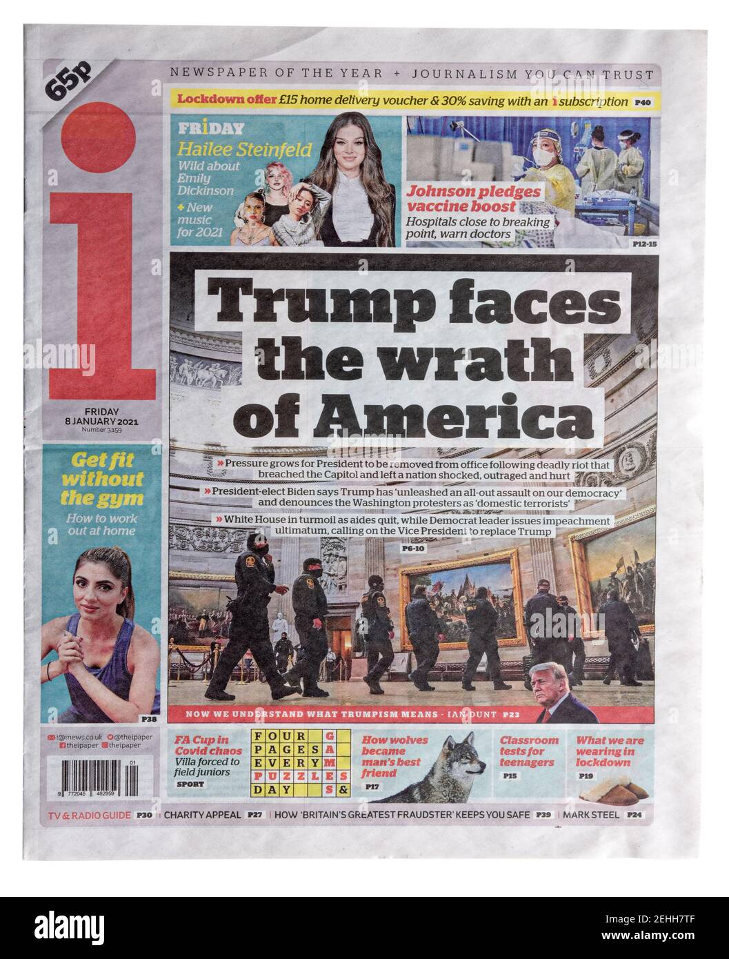 Die Titelseite der i-Zeitung mit der Überschrift Trump steht vor dem Zorn Amerikas nach den Unruhen im Kapitol Stockfoto