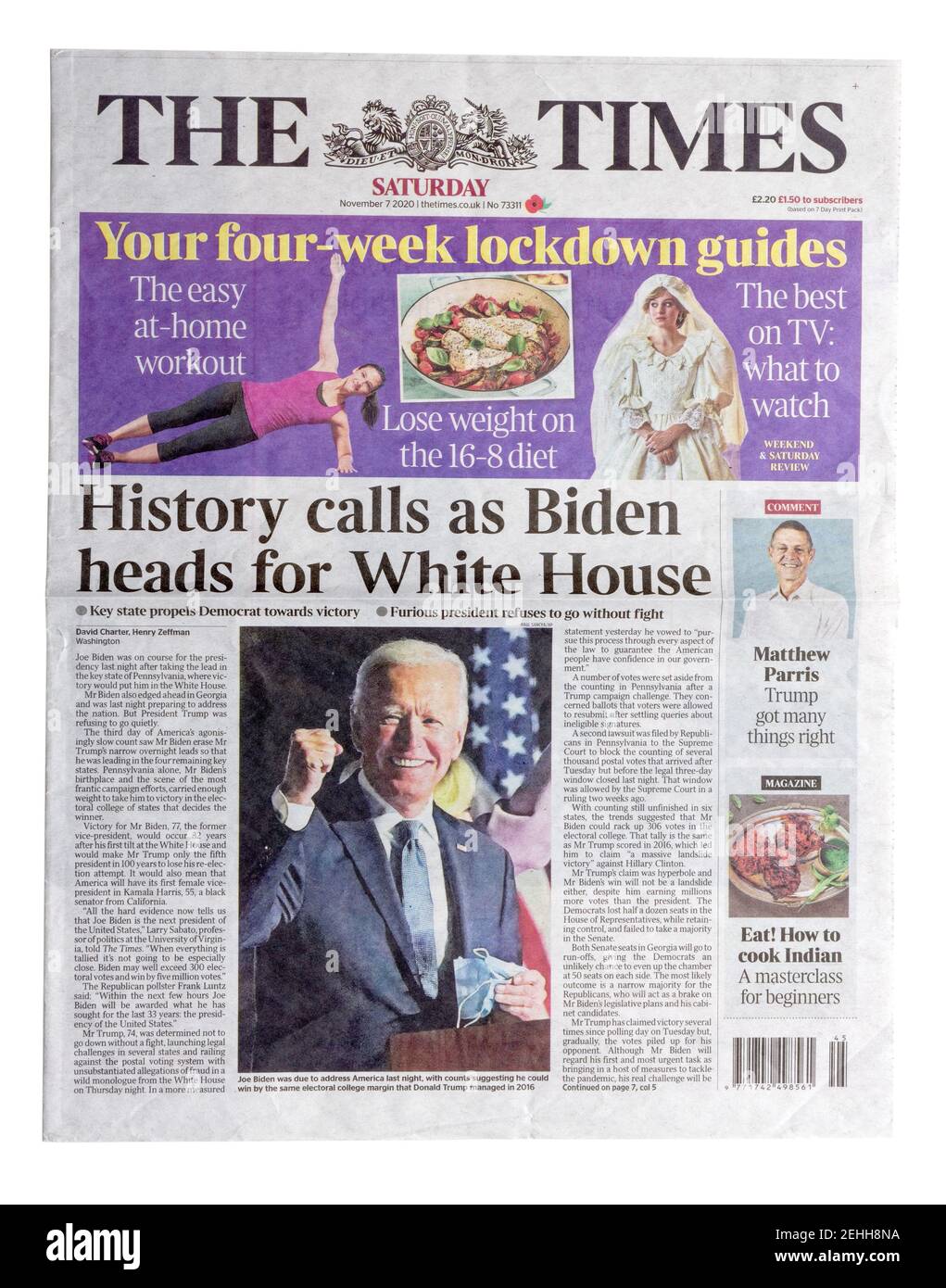 Die Titelseite der Times Zeitung mit der Überschrift Die Geschichte ruft wie Biden Köpfe für das Weiße Haus über US-Wahlsieger Jo Biden Stockfoto