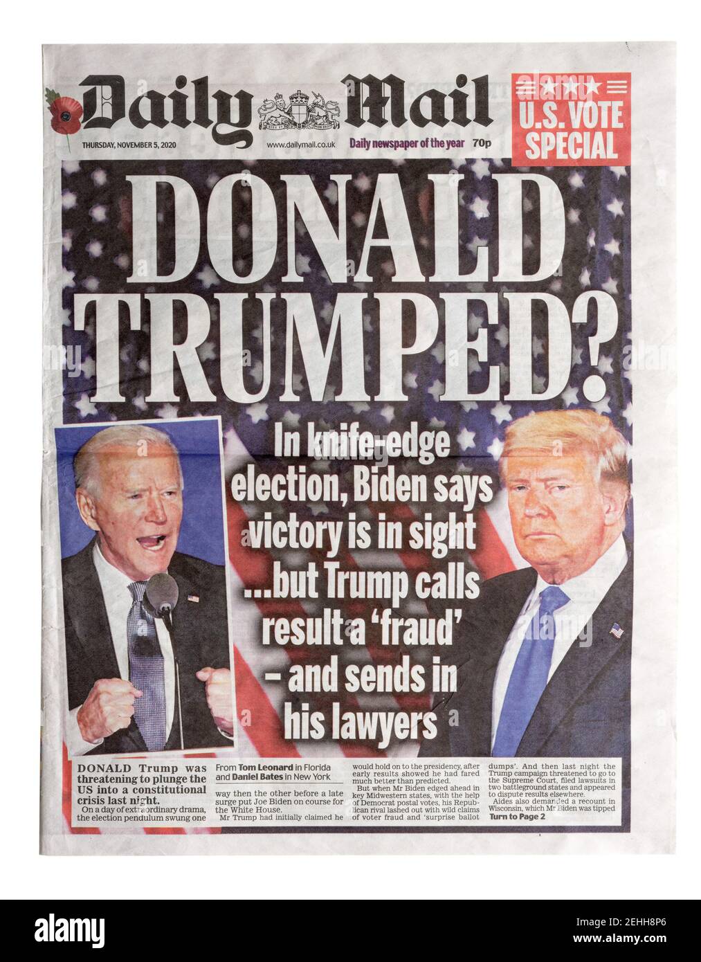 Die Titelseite der Tageszeitung Daily Mail mit der Schlagzeile Donald Trumped? Über den US-Wahlsieger Jo Biden Stockfoto