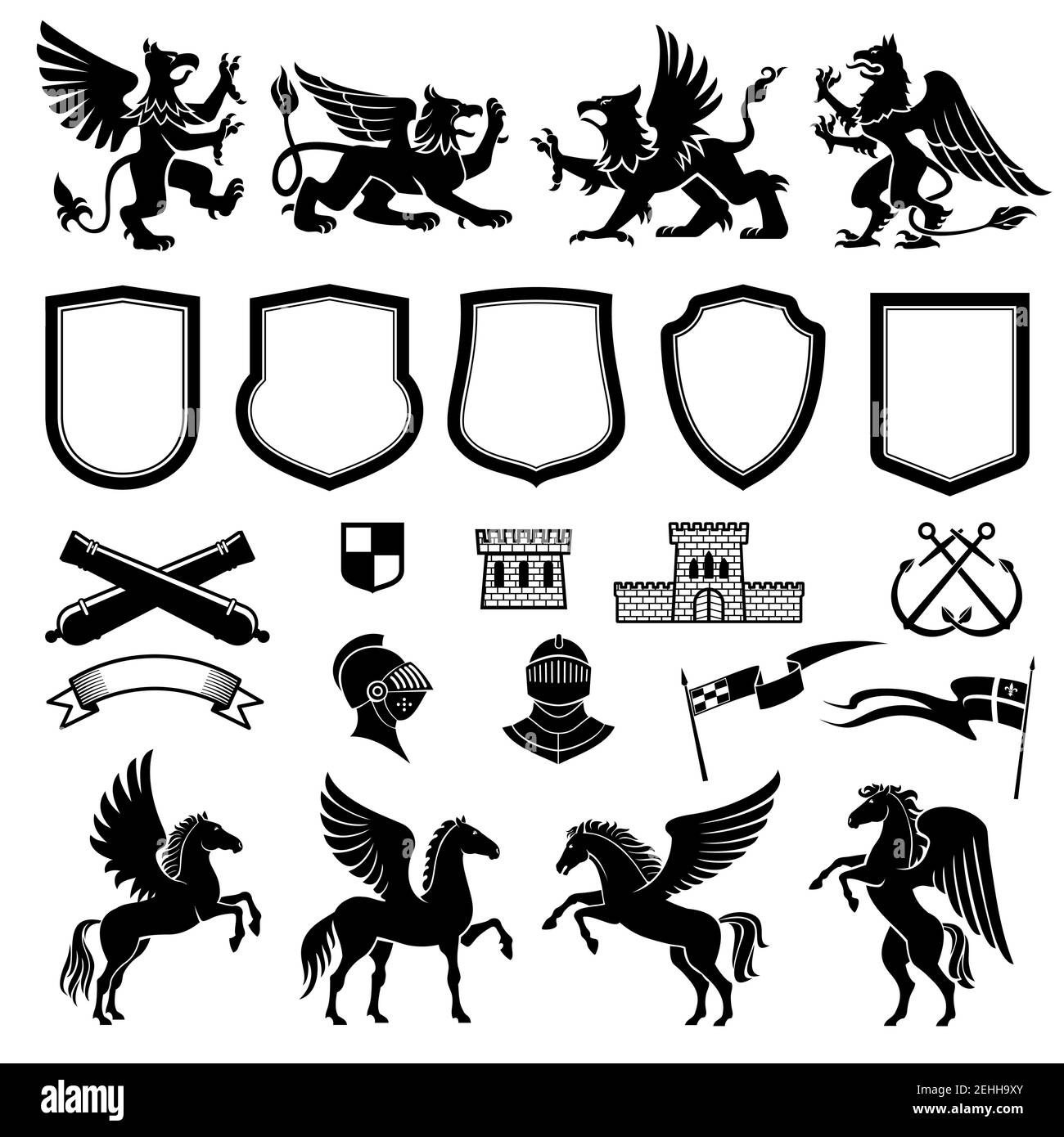 Wappentiere und Design-Elemente für Wappen und Insignien-Vorlage. Mittelalterlicher Schild, Ritter und Fahne, Greifen, pegasus und Band Banner, Schlepptau Stock Vektor