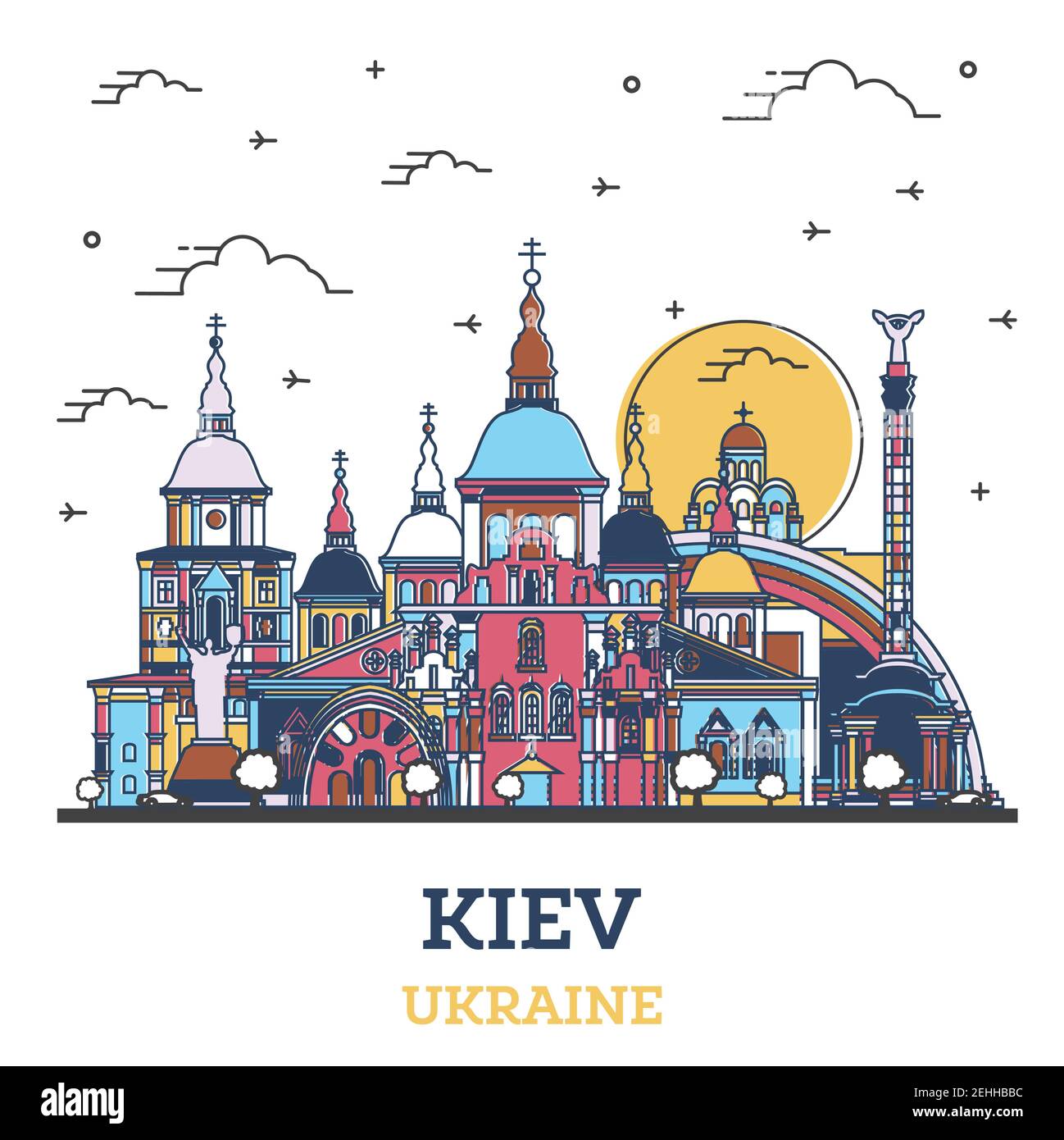 Skizzieren Kiew Ukraine City Skyline mit farbigen historischen Gebäuden isoliert auf Weiß. Vektorgrafik. Kiewer Stadtbild mit Wahrzeichen. Stock Vektor
