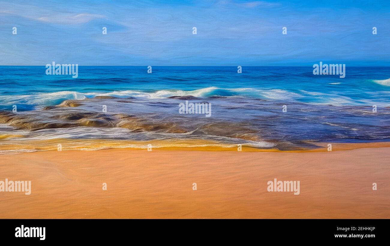 Digitale Malerei von Meereswellen, die an die Küste Rollen. Stockfoto